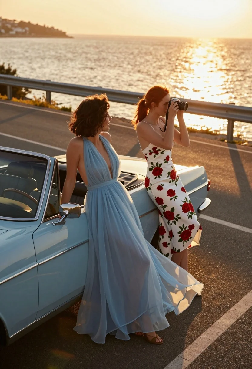 Two women posing by vintage convertible car on coastal road at sunset - AI generated image prompt sample