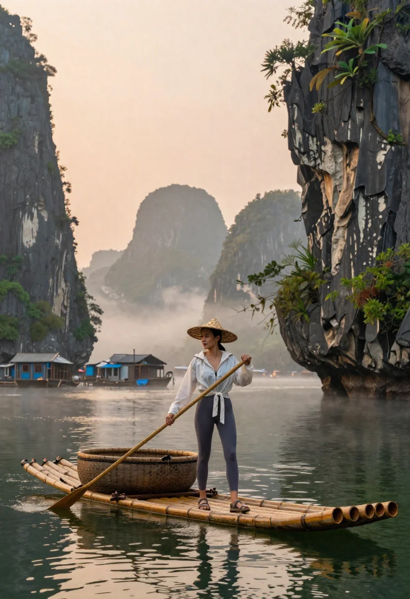 Woman rowing bamboo boat through misty ha long bay at sunrise