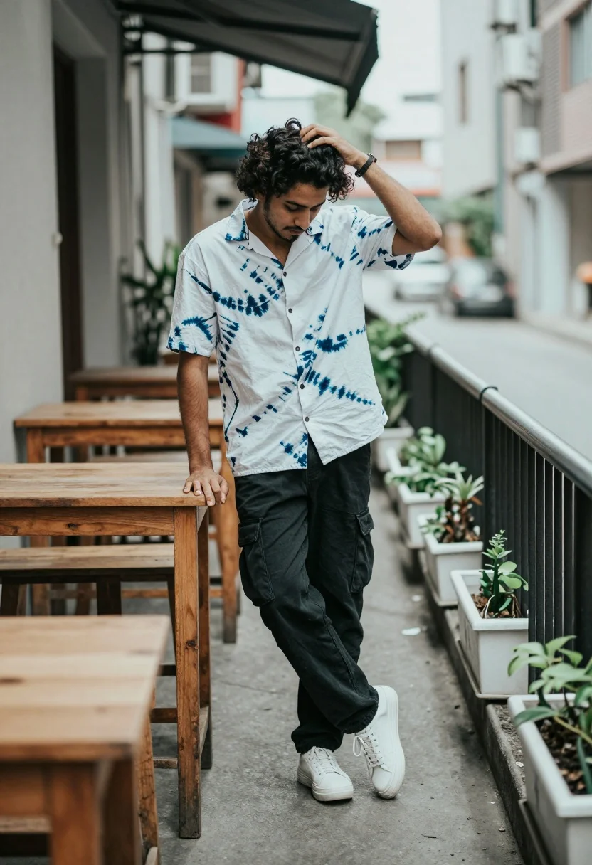 Young man leaning in narrow alleyway between wooden tables and metal railing - AI generated image prompt sample