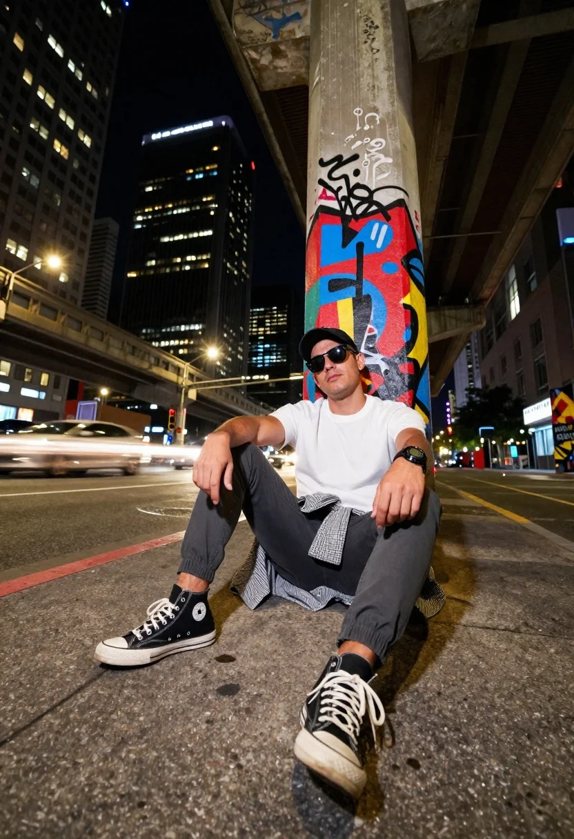 Man sitting under overpass at night in city
