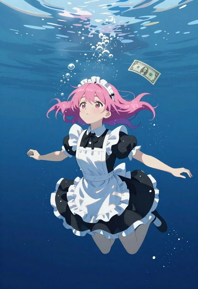 Anime girl floating underwater in deep blue water