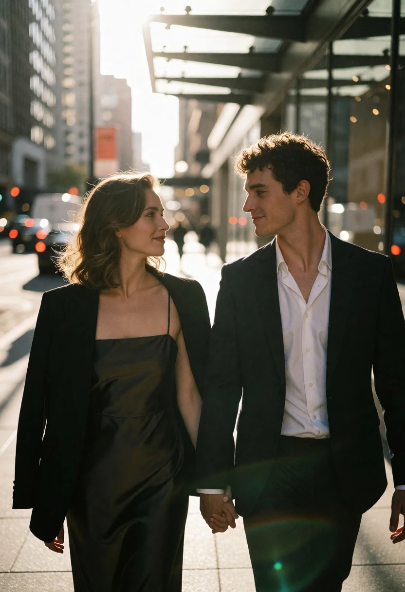 Couple walking down sunlit city sidewalk with storefronts in background - AI generated image prompt sample