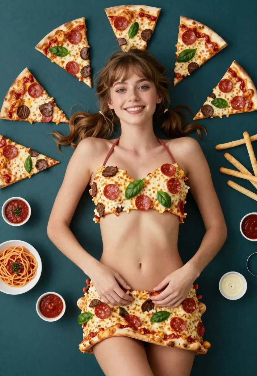 Woman lying on pizza slices in dark teal setting