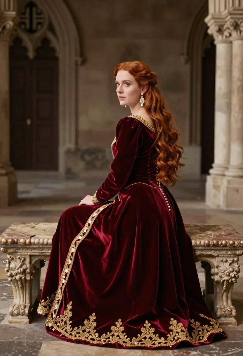 Regal woman in crimson gown on stone bench