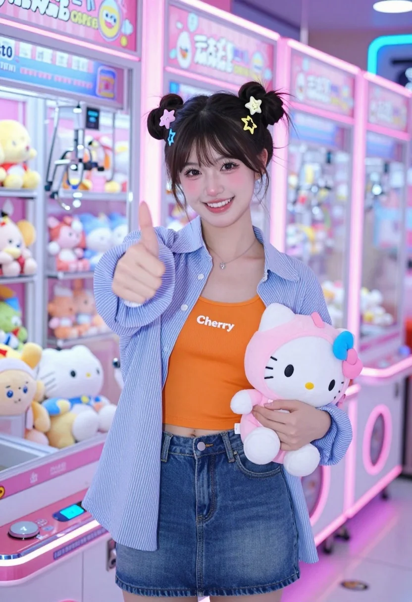 Cheerful young woman giving thumbs up in front of colorful arcade claw - AI generated image prompt sample