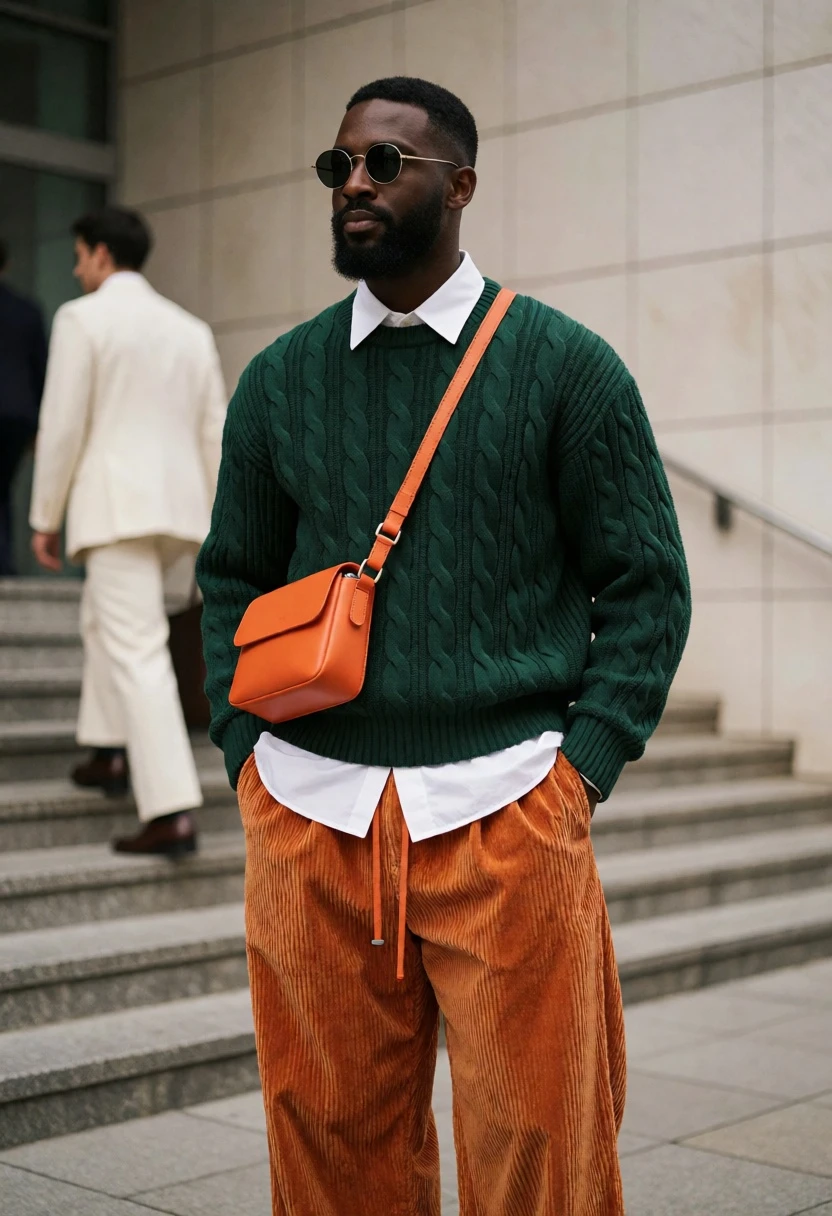 Stylish black man in green sweater and orange trousers on concrete steps - AI generated image prompt sample