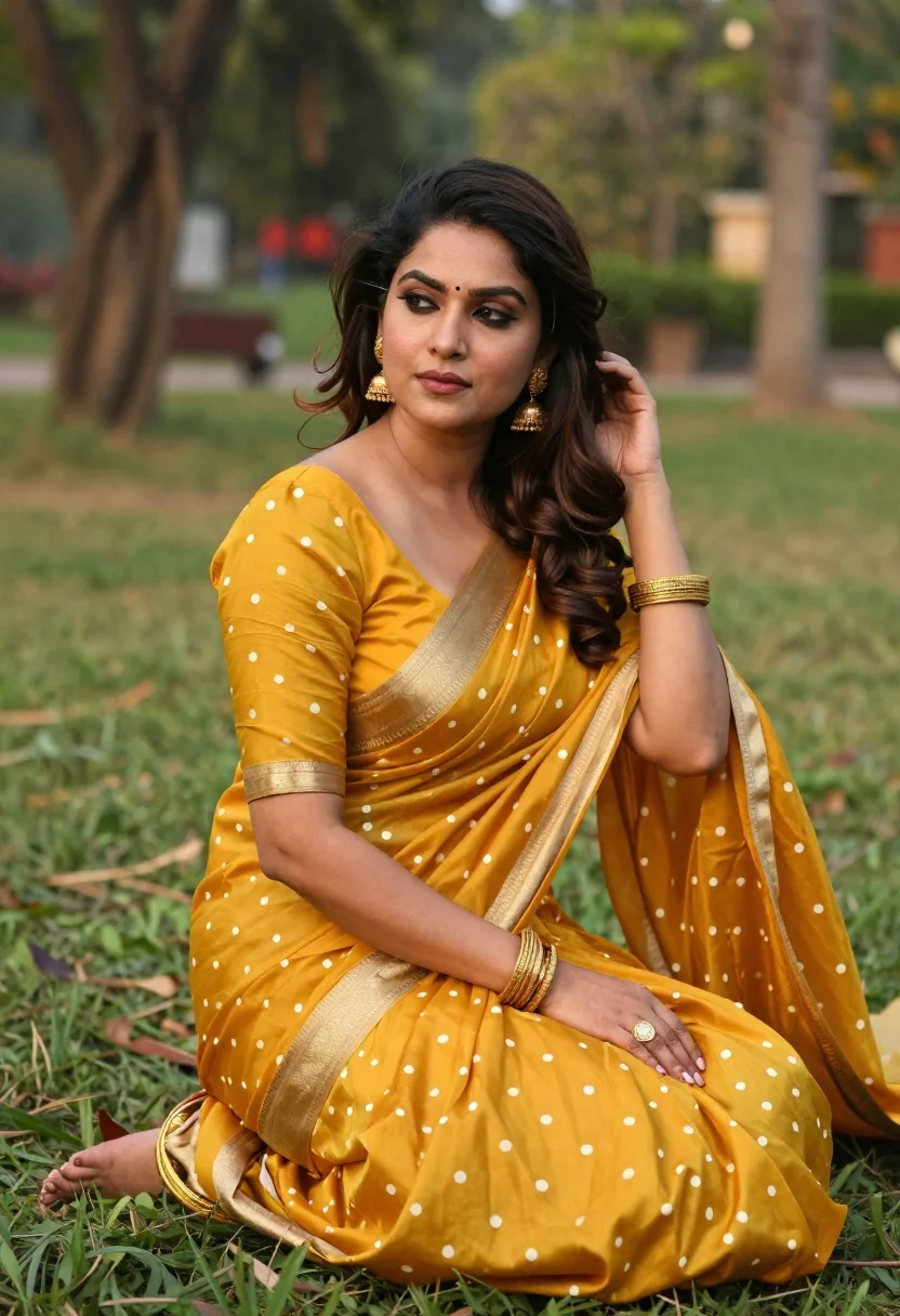 Woman in mustard silk saree sitting gracefully on lush green garden lawn