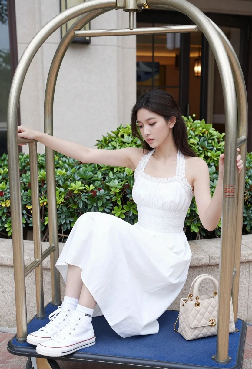 Young woman in white midi dress sitting on blue luggage cart outdoors