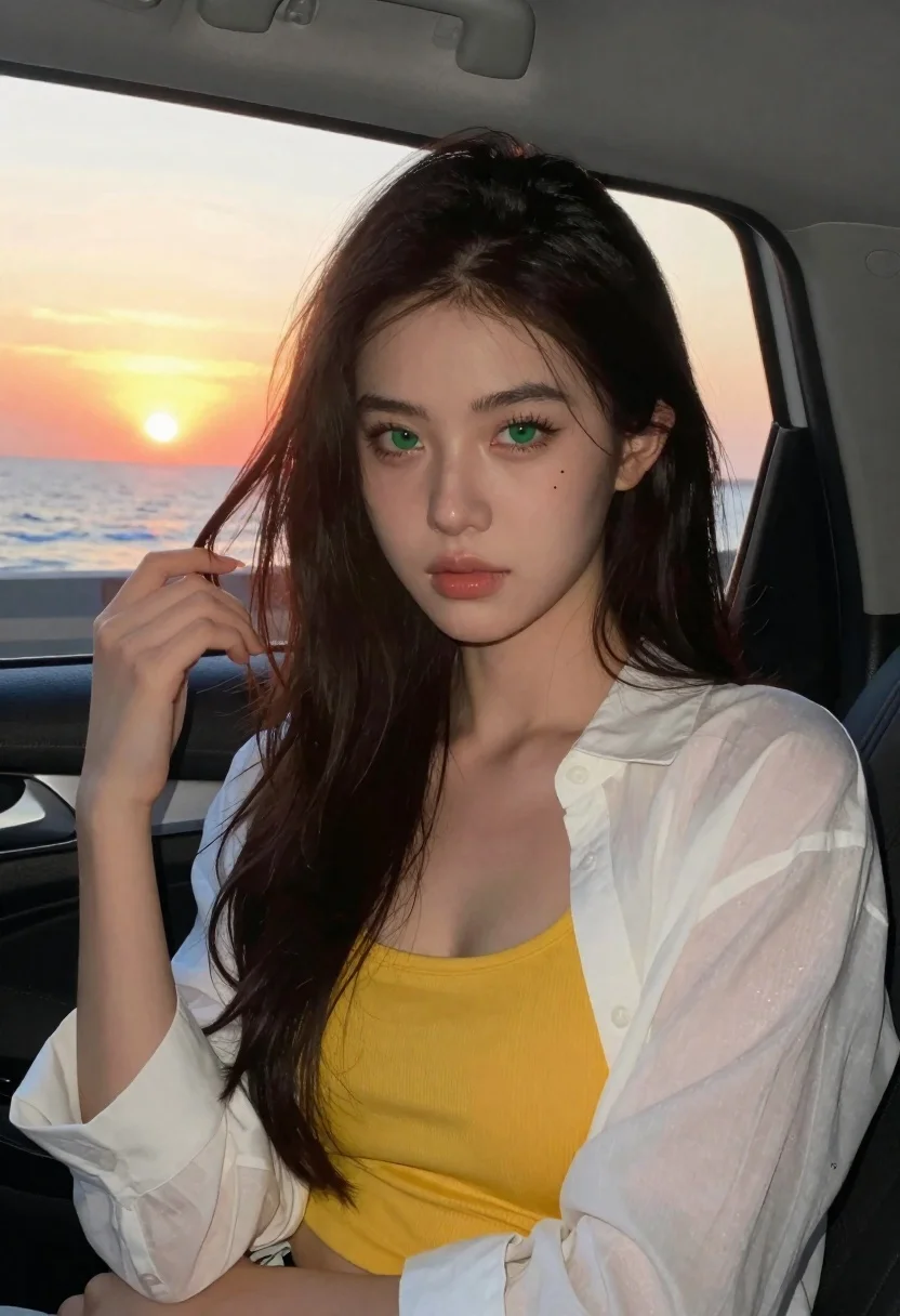 Young woman with dark hair in car during sunset by ocean - AI generated image prompt sample