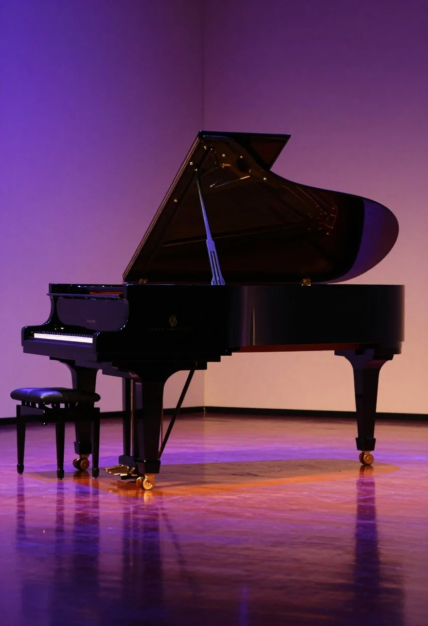 Glossy black grand piano open on polished stage reflecting purple and orange - AI generated image prompt sample