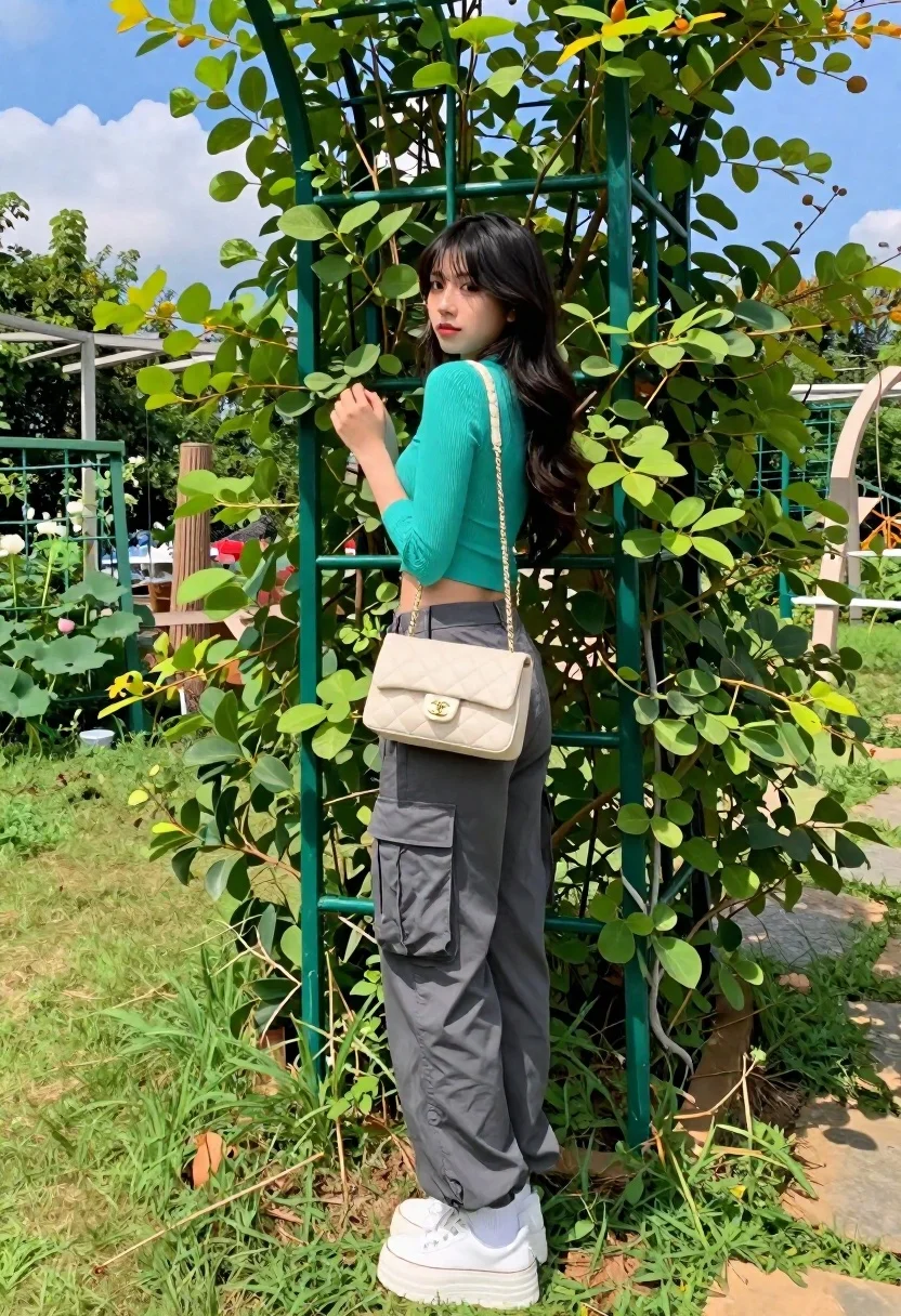 Young woman in teal crop top posing in lush green garden setting