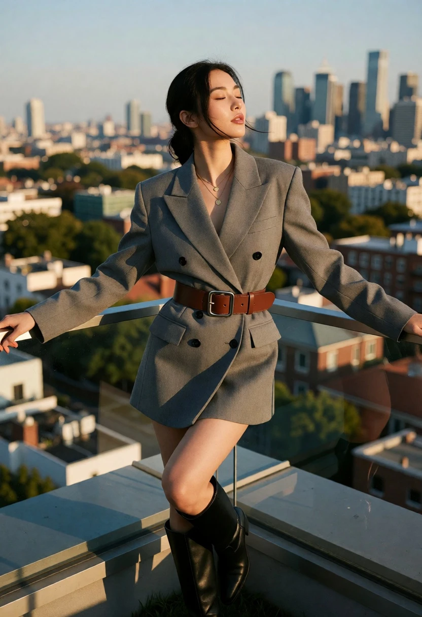 Woman in blazer dress on rooftop overlooking modern city skyline at sunset - AI generated image prompt sample