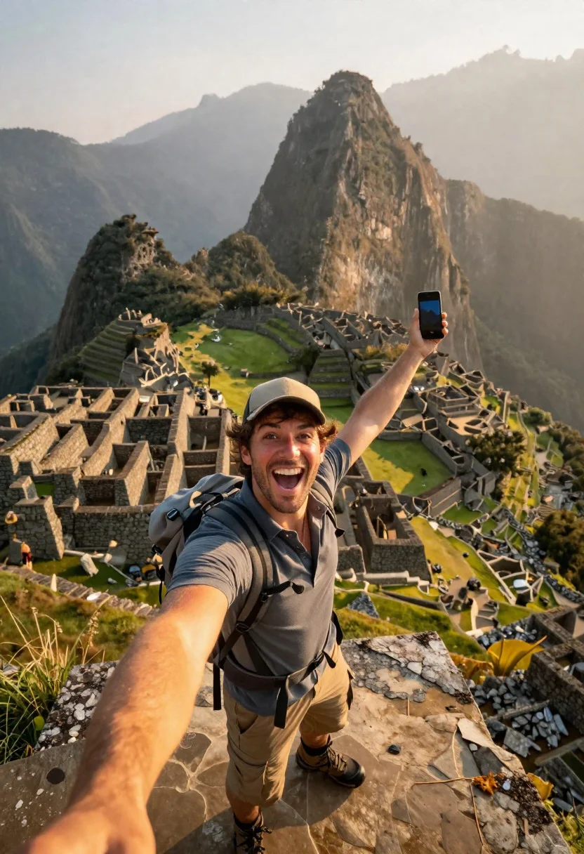 Exhilarated man taking selfie at machu picchu ruins during sunrise