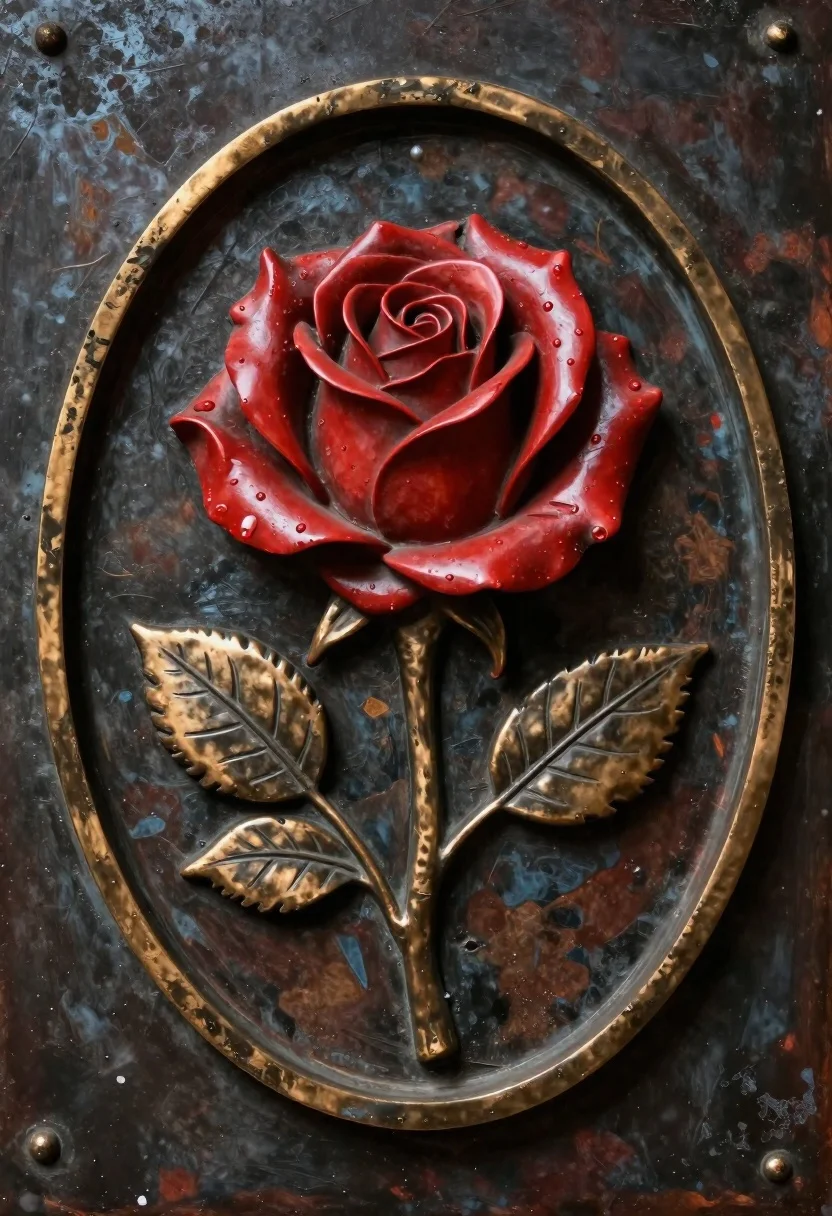 High relief sculpture of a red rose in bronze frame - AI generated image prompt sample
