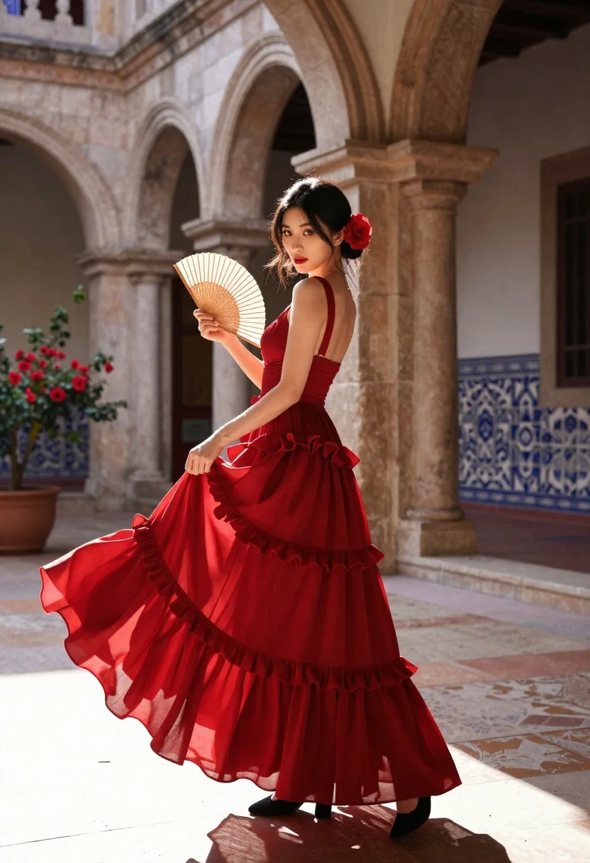 Woman in red gown holding fan in sunlit arched courtyard - AI generated image prompt sample