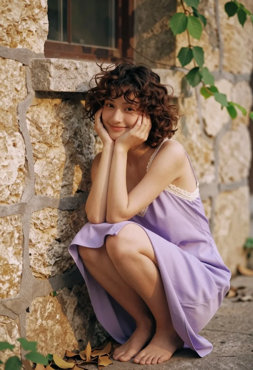Young woman in lavender slip dress squatting against weathered stone wall outdoors - AI generated image prompt sample