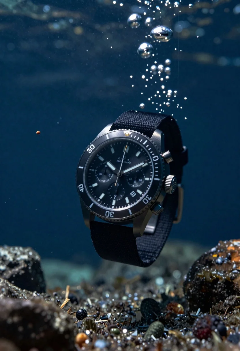 Black chronograph watch with fabric strap floating in deep blue underwater scene - AI generated image prompt sample