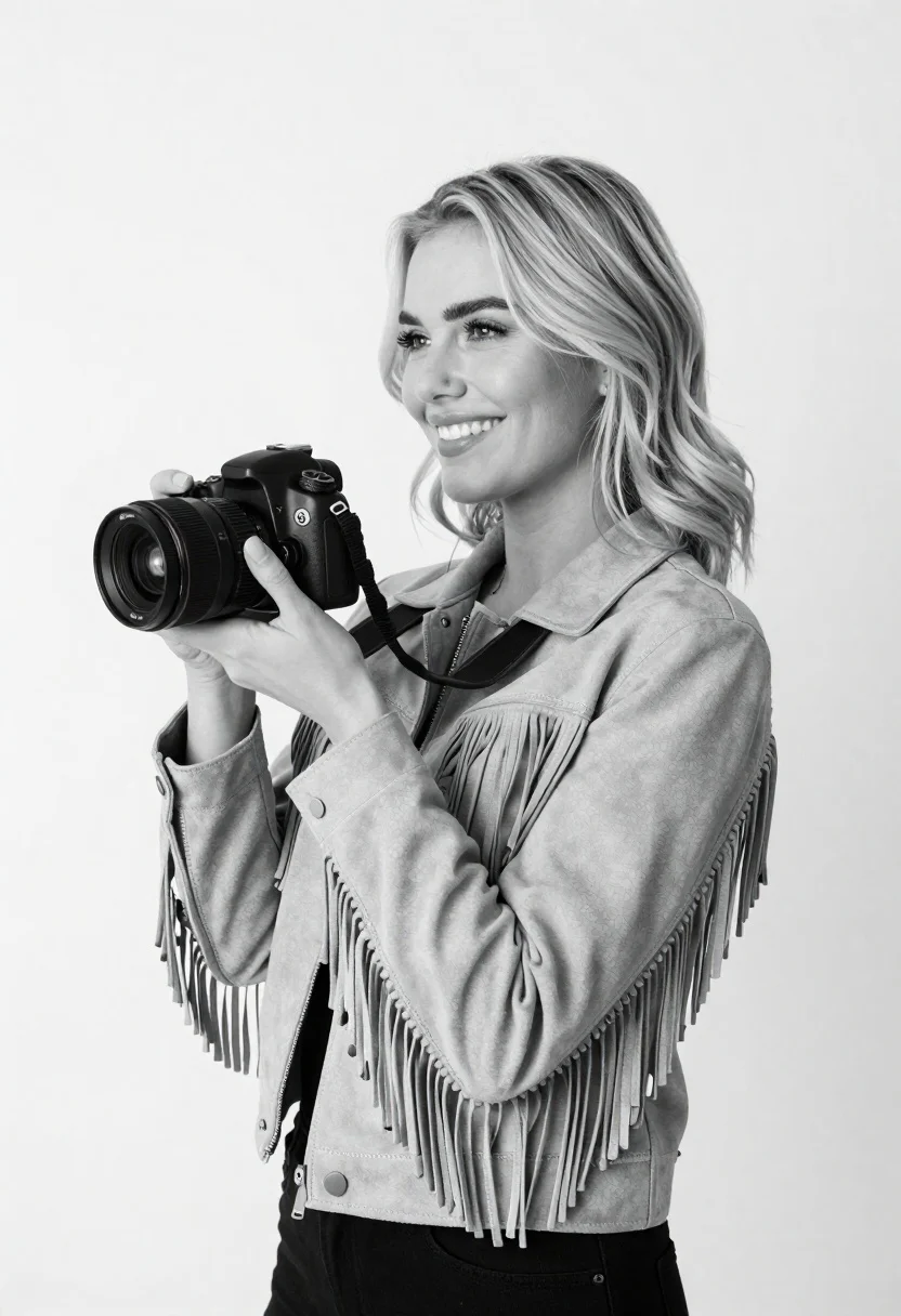 Smiling blonde woman holding camera against plain white background - AI generated image prompt sample