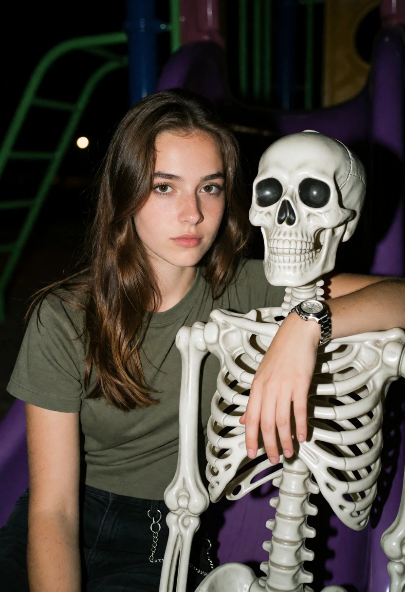 Young woman with brown hair near skeleton prop on playground at night - AI generated image prompt sample
