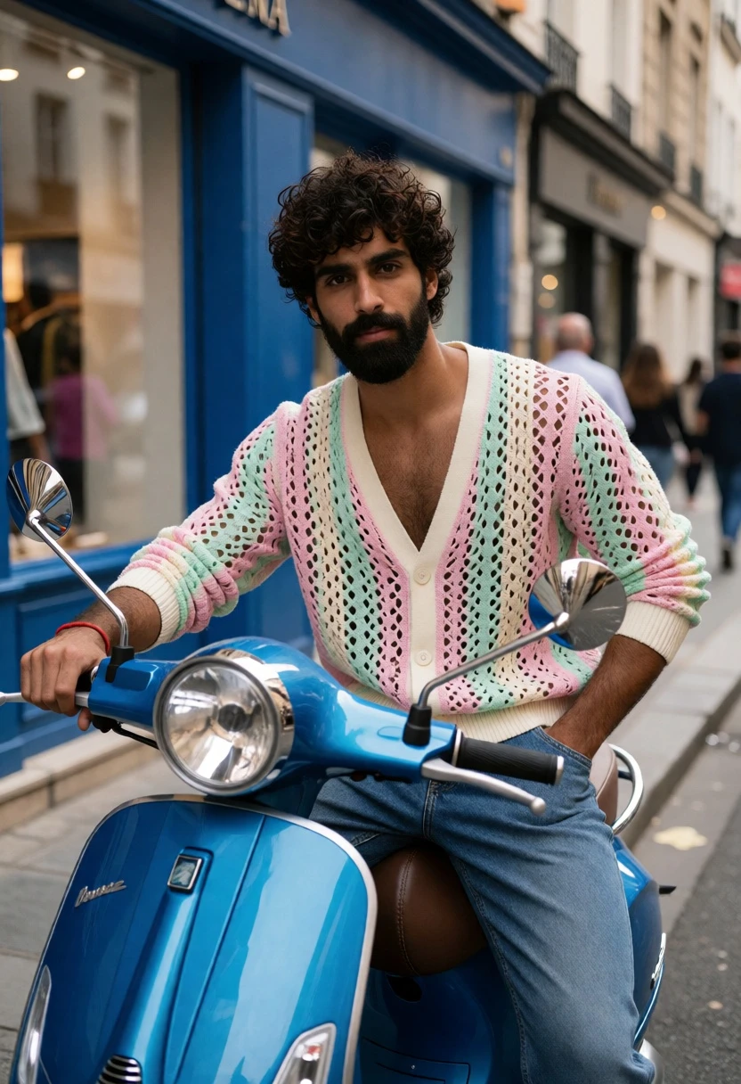 Young man on blue scooter in urban street setting with pastel cardigan - AI generated image prompt sample