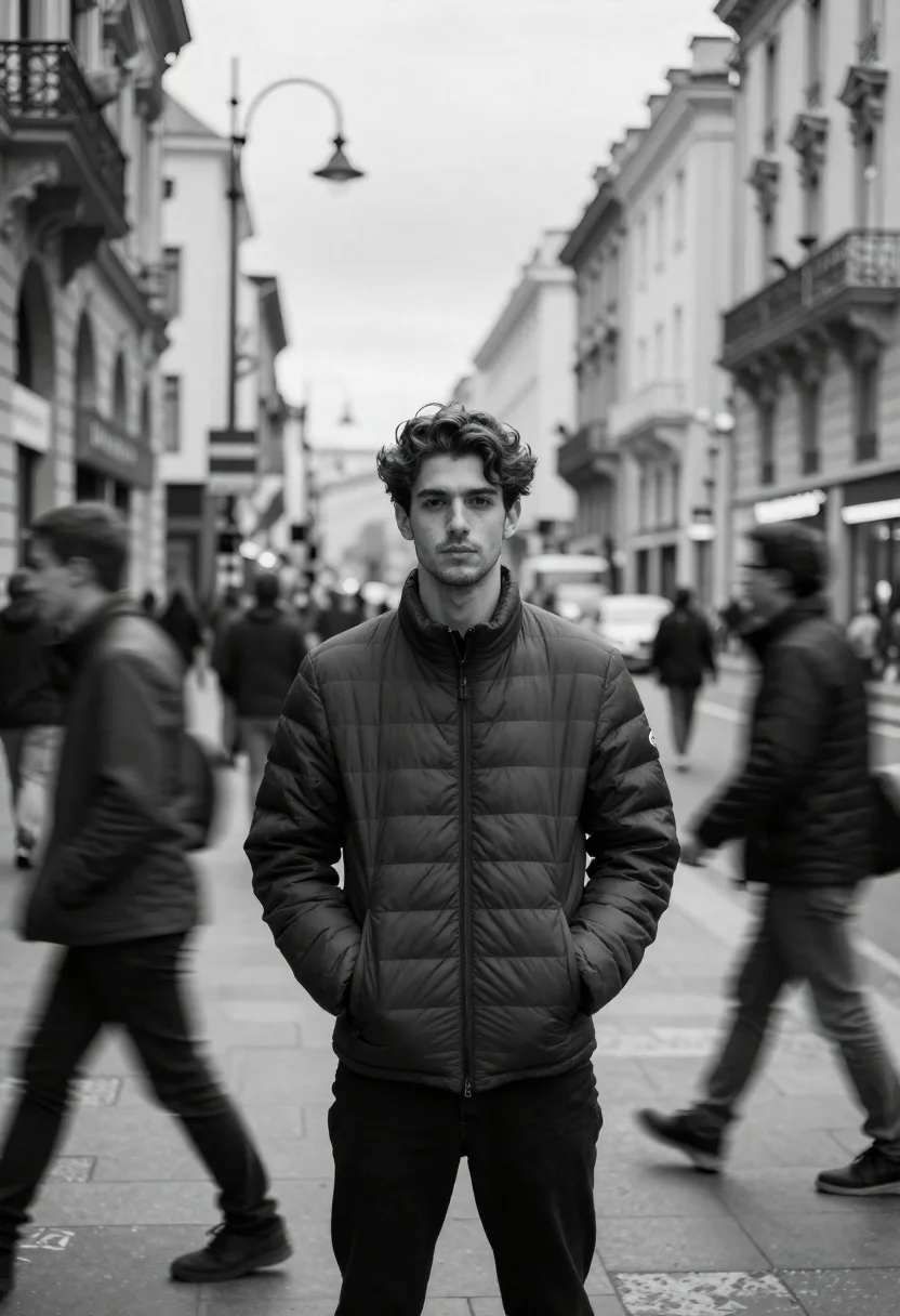 Black and white portrait of young man on busy european street - AI generated image prompt sample