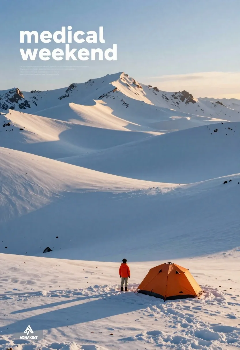 Person near orange tent in snowy mountain landscape - AI generated image prompt sample