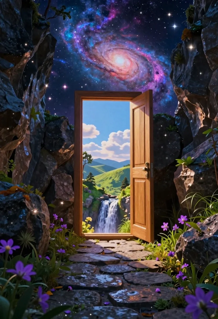 Wooden door in gorge opening to bright daytime landscape