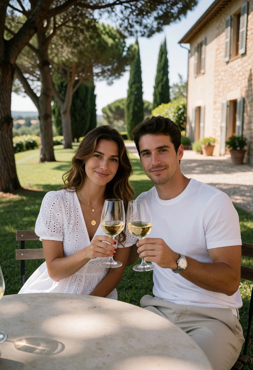 Couple toasting at outdoor dining table under large trees on a sunny - AI generated image prompt sample
