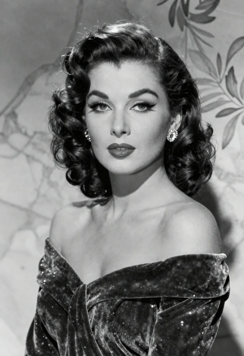 Black and white studio portrait of glamorous woman