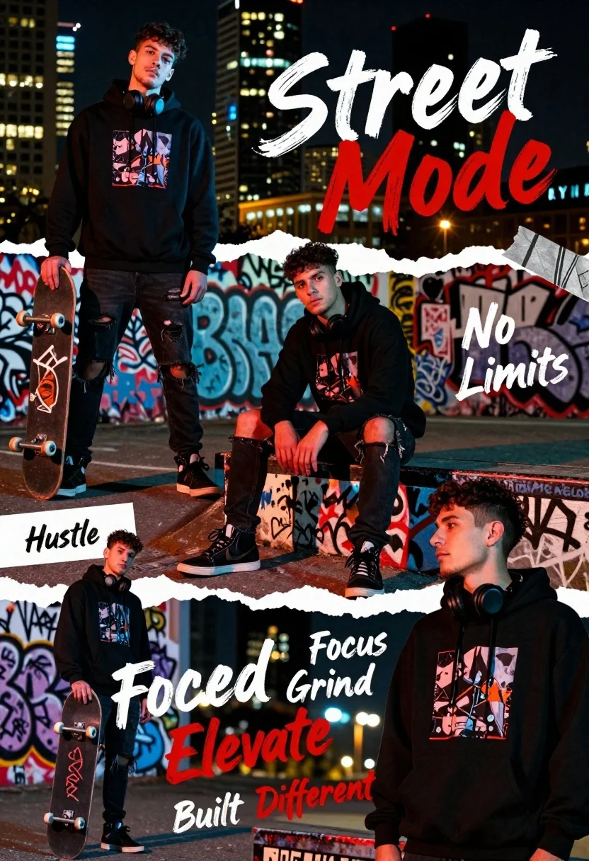 Collage poster of young man in streetwear poses against night cityscape - AI generated image prompt sample