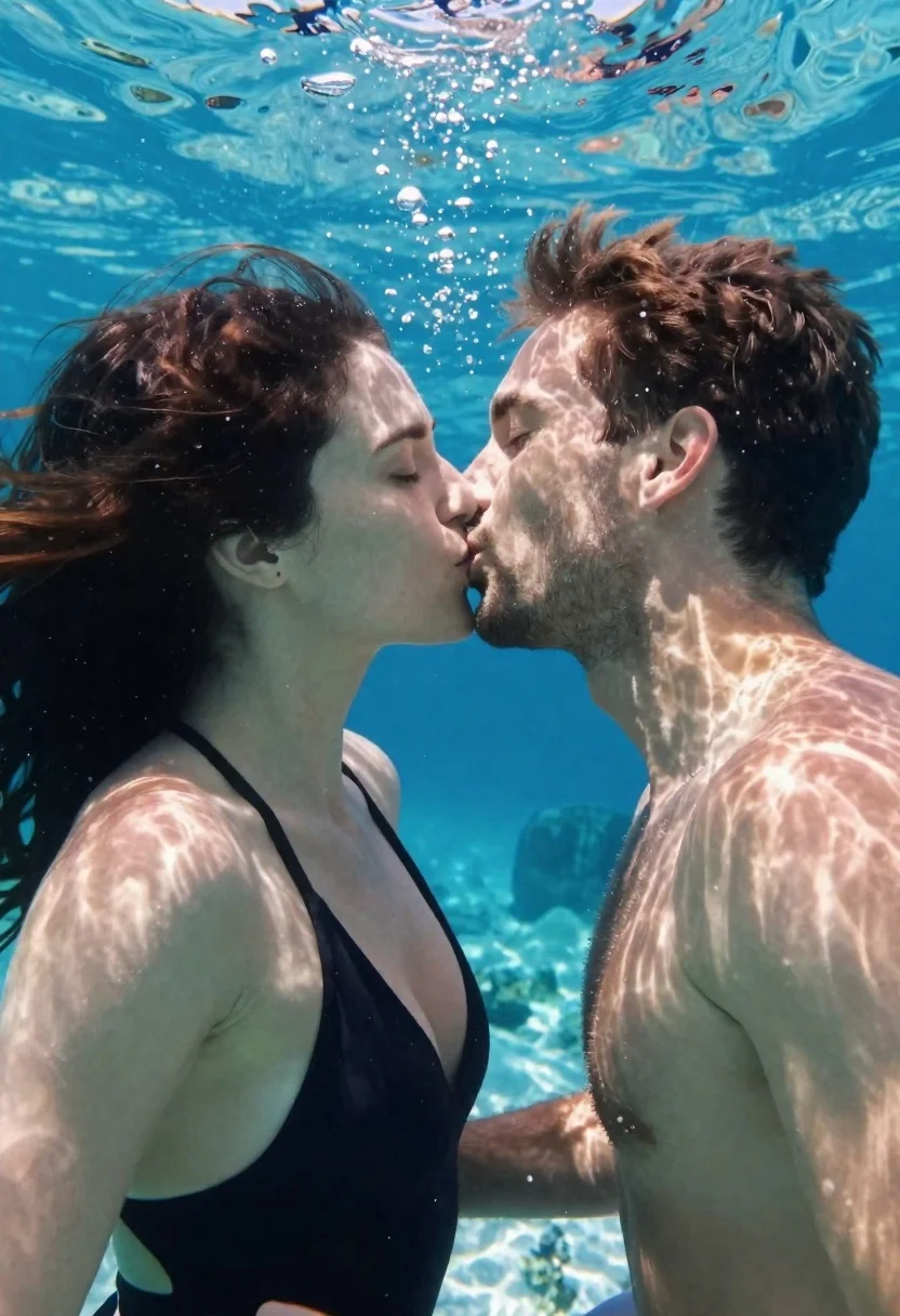 Couple sharing a kiss underwater in clear blue water - AI generated image prompt sample