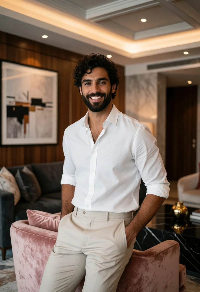 Smiling man in white shirt leaning on pink velvet armchair inside luxury - AI generated image prompt sample