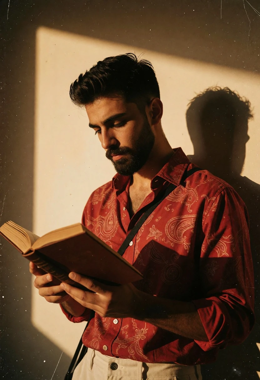 Young man reading book indoors with dramatic directional sunlight and film grain - AI generated image prompt sample