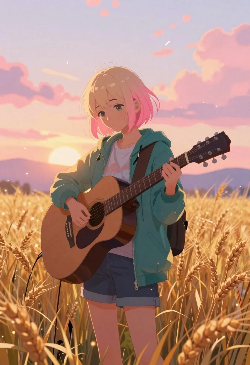 Anime youth in wheat field at sunset with guitar