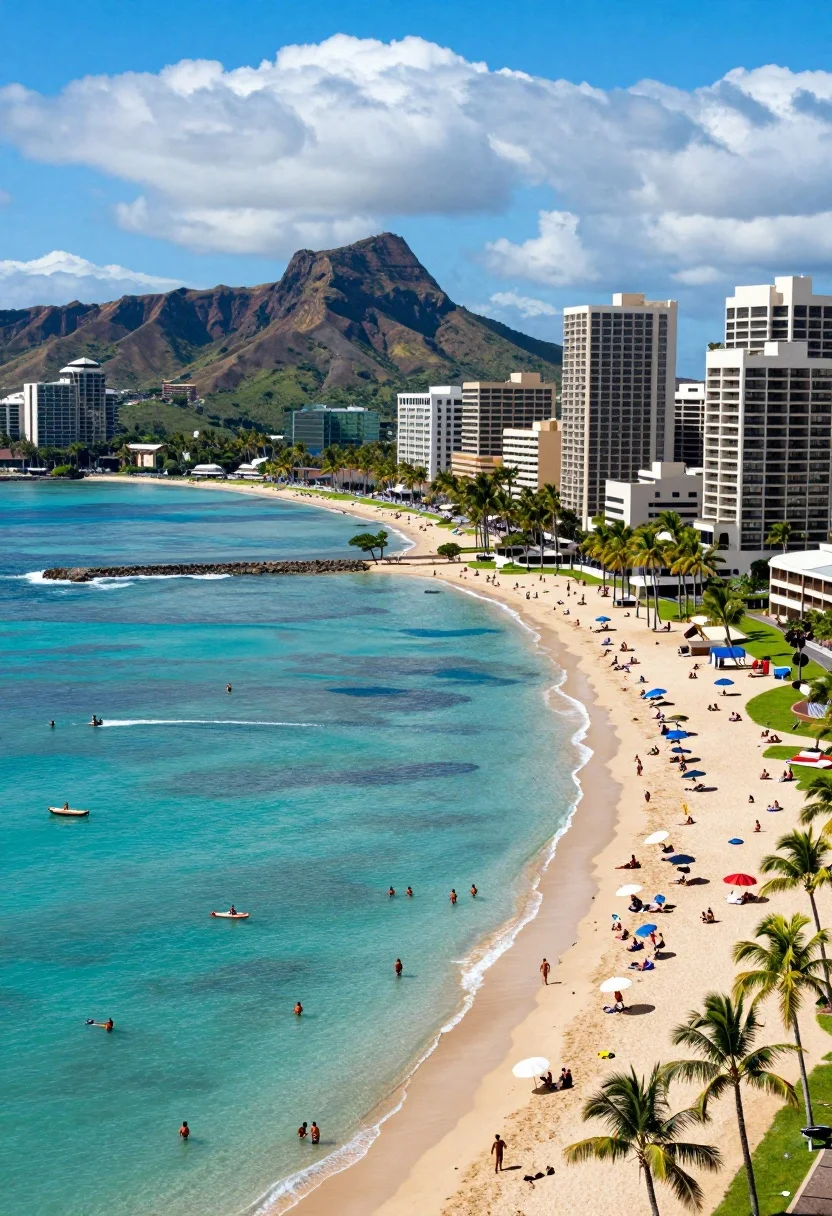Aerial view of tropical coastline hotels sandy beach and mountain range - AI generated image prompt sample