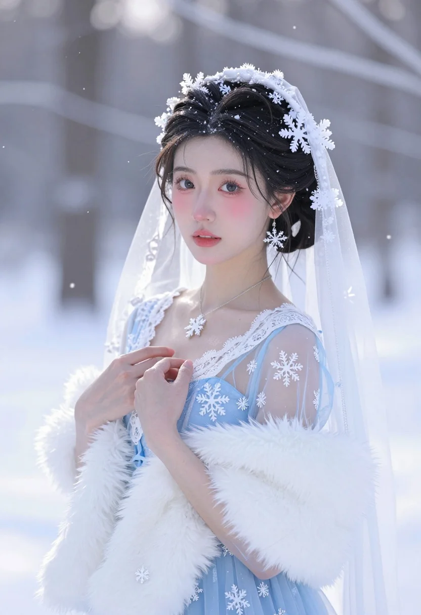 Young woman in blue gown standing in snowy forest with falling snowflakes - AI generated image prompt sample