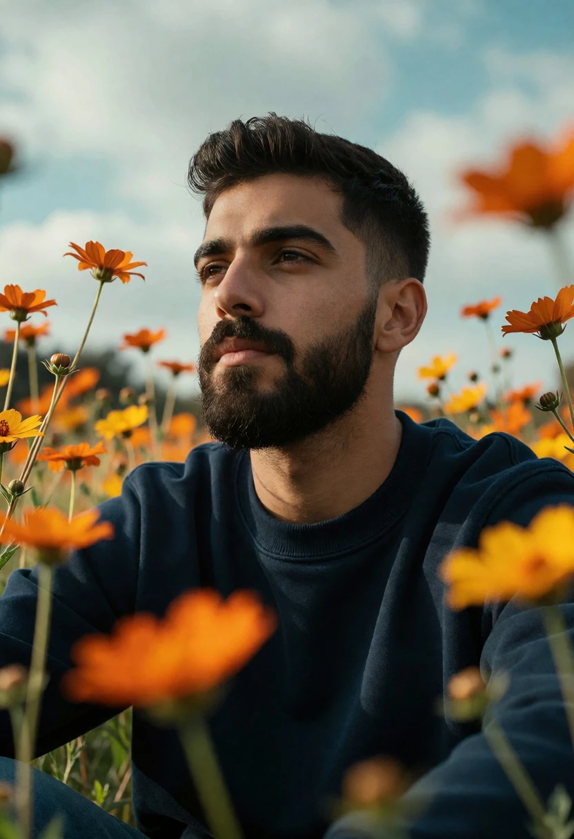 Young man with dark beard seated in orange wildflowers under cloudy sky - AI generated image prompt sample