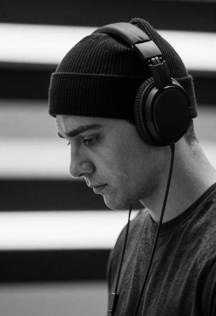Close up profile portrait of young man wearing headphones in studio - AI generated image prompt sample