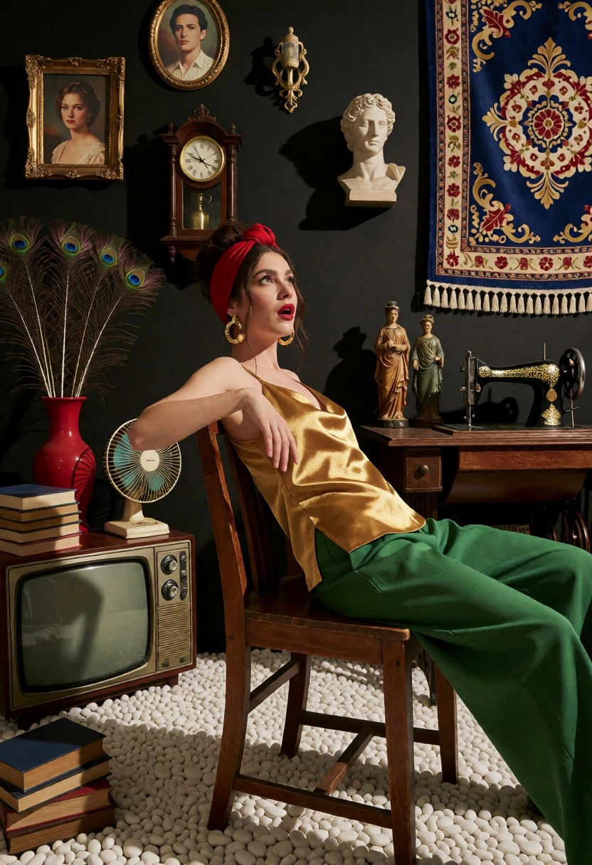 Woman in gold satin top on wooden chair within an eclectic indoor - AI generated image prompt sample