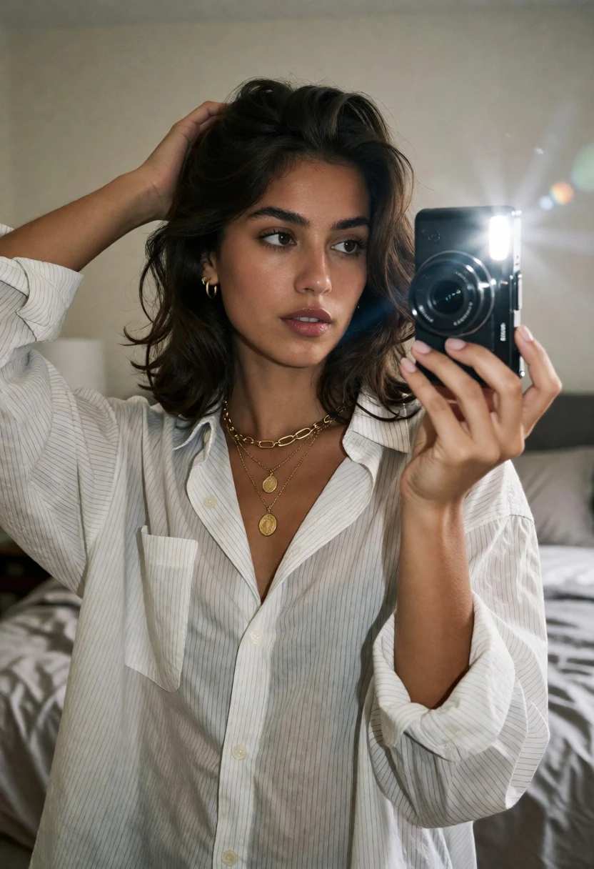 Young woman taking mirror selfie in bedroom with compact digital camera - AI generated image prompt sample