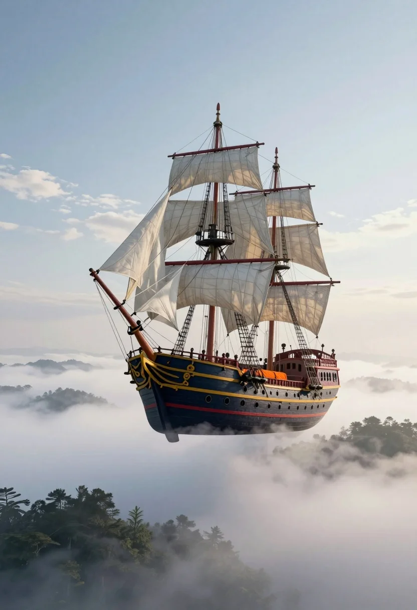 Majestic pirate ship suspended in the sky above misty landscape - AI generated image prompt sample