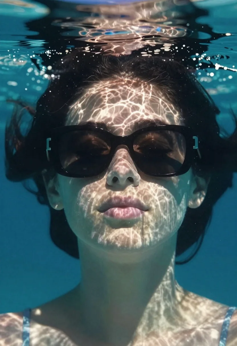 Underwater portrait of woman with sunglasses below surface