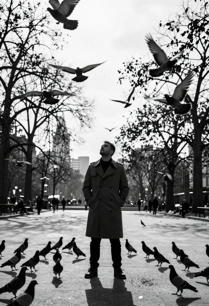 Silhouette of man in park surrounded by pigeons