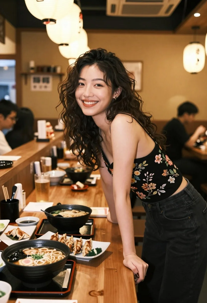 Smiling woman leaning over wooden table with japanese food in cozy restaurant - AI generated image prompt sample