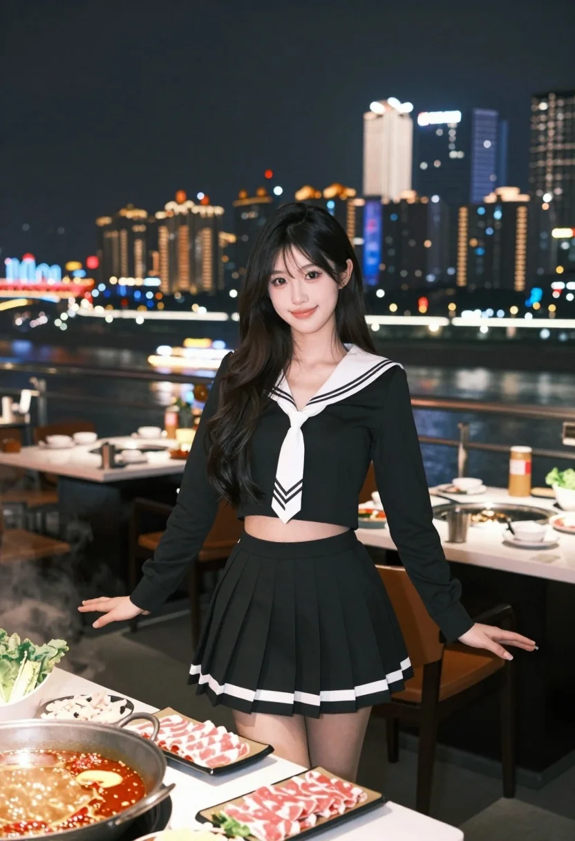 Young woman in sailor outfit at outdoor restaurant overlooking city skyline - AI generated image prompt sample