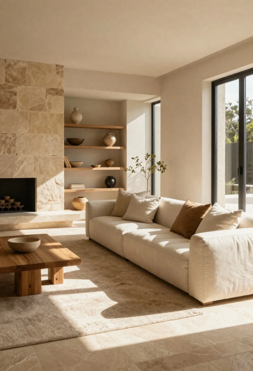 Sunlit minimalist living room with earth tones and stone