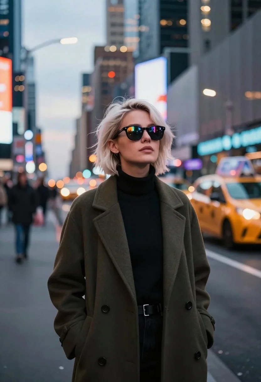 Young woman in olive coat on busy city street at dusk - AI generated image prompt sample