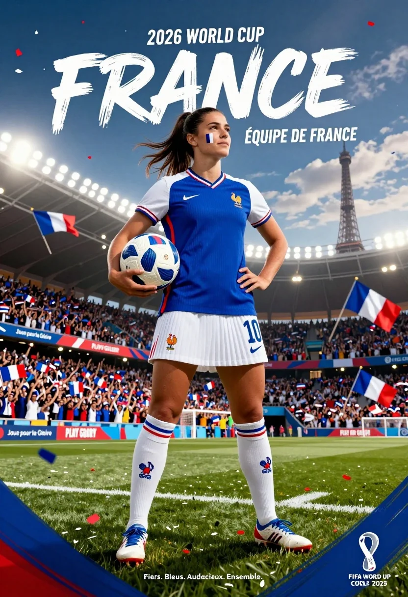 Athlete in french uniform posing with soccer ball at stadium under dramatic - AI generated image prompt sample