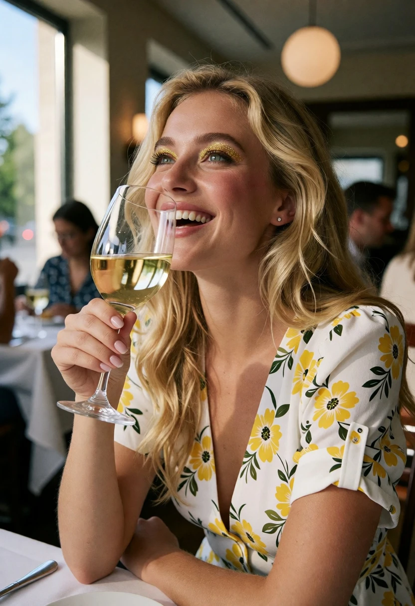 Joyful blonde woman in floral dress at restaurant table with wine glass - AI generated image prompt sample