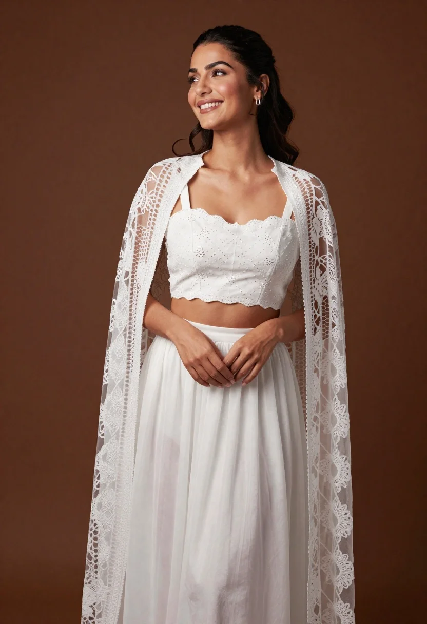 Smiling woman in white embroidered ensemble against textured brown studio backdrop